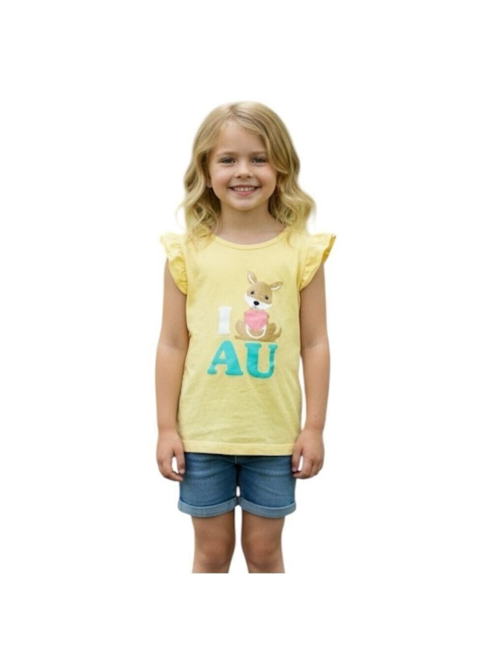 I Love Australia Girl’s Size 4 Yellow Tee with Flutter Sleeves Kangaroo